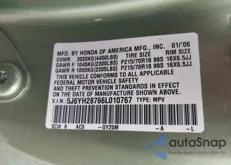 2006 Honda Element Ex-P z USA, uszkodzony, nr VIN 5J6YH28766L010767